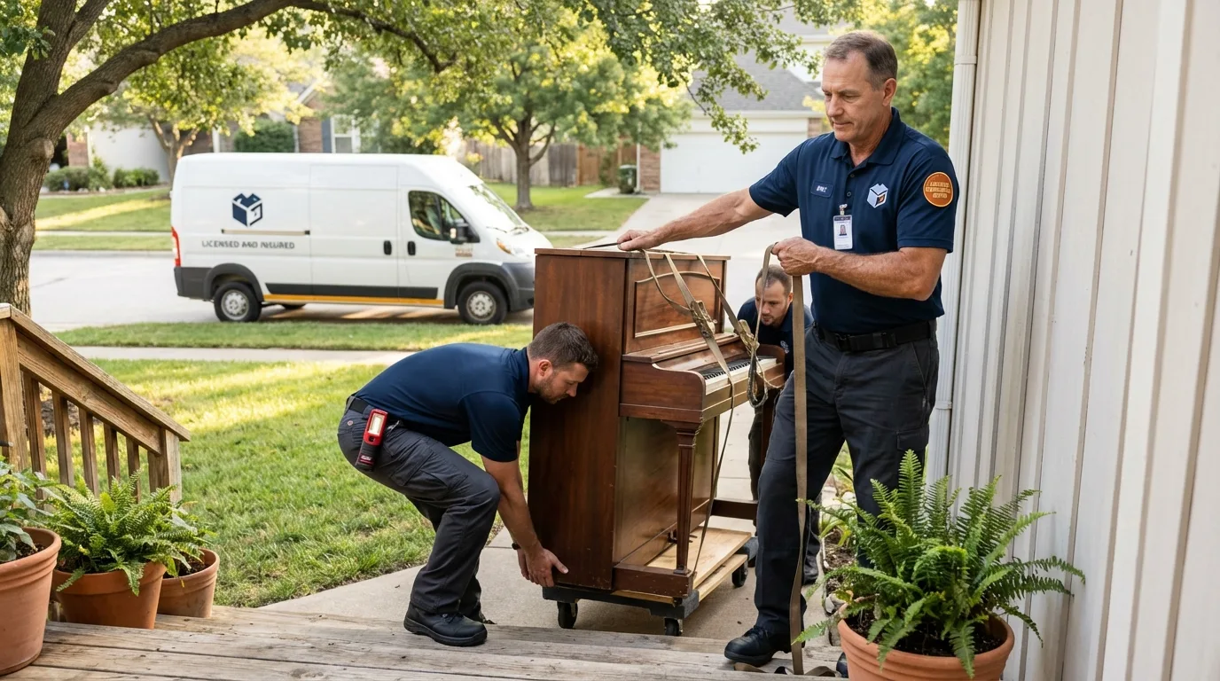 Licensed piano movers securing grand piano in Yorkville, IL