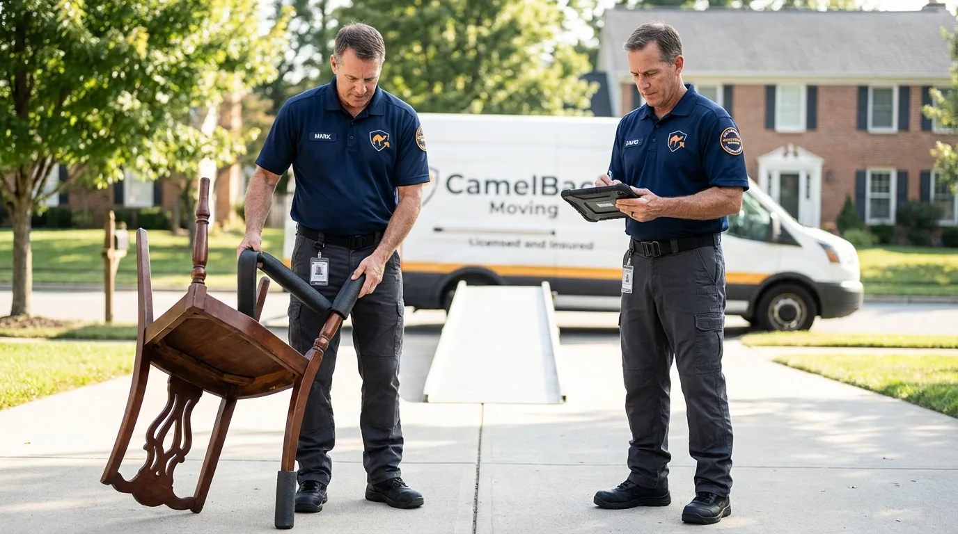 Movers inspecting furniture for damage prevention before loading in Yorkville, IL