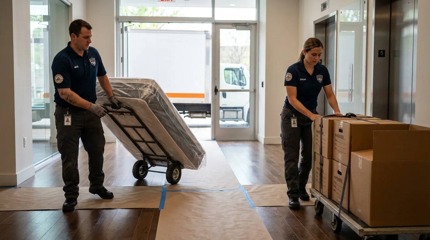 Professional apartment movers loading elevator in Yorkville, IL